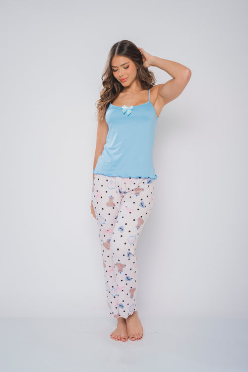 BS-113 PIJAMA PANTALON Y JUANITA ESTAMPADO OSOS CUMPLEAÑOS Y CONEJOS PUNTOS