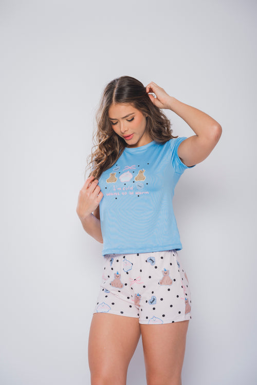 BS-143 PIJAMA SHORT Y BASICA ESTAMPADO OSOS CUMPLEAÑOS Y CONEJOS