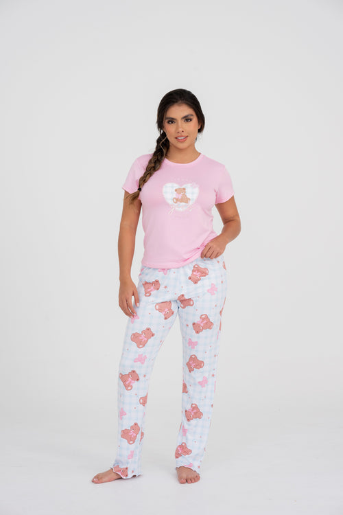 BS-189 PANTALON ESTAMPADO CUADROS CON OSOS Y MOÑOS BASICA