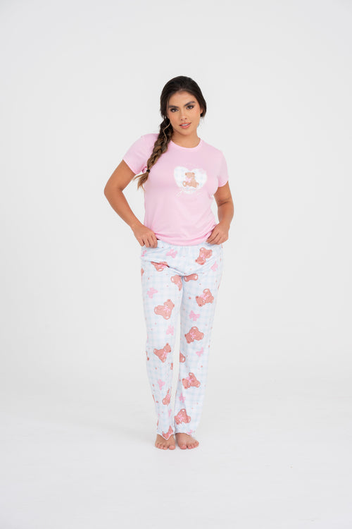 BS-189 PANTALON ESTAMPADO CUADROS CON OSOS Y MOÑOS BASICA