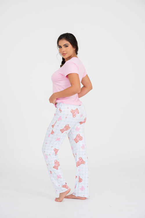 BS-189 PANTALON ESTAMPADO CUADROS CON OSOS Y MOÑOS BASICA