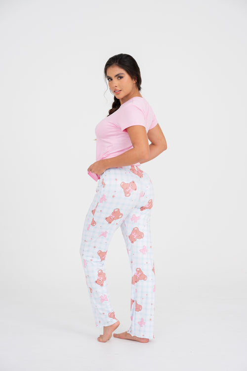 BS-189 PANTALON ESTAMPADO CUADROS CON OSOS Y MOÑOS BASICA