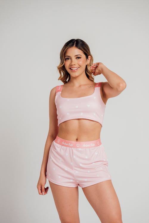 EL-15 SHORT Y TOP ESTAMPADO CORAZONES PALO ROSA