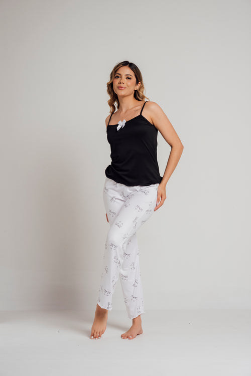 BS-161 PANTALON Y JUANITA ESTAMPADO GATOS F BLANCO